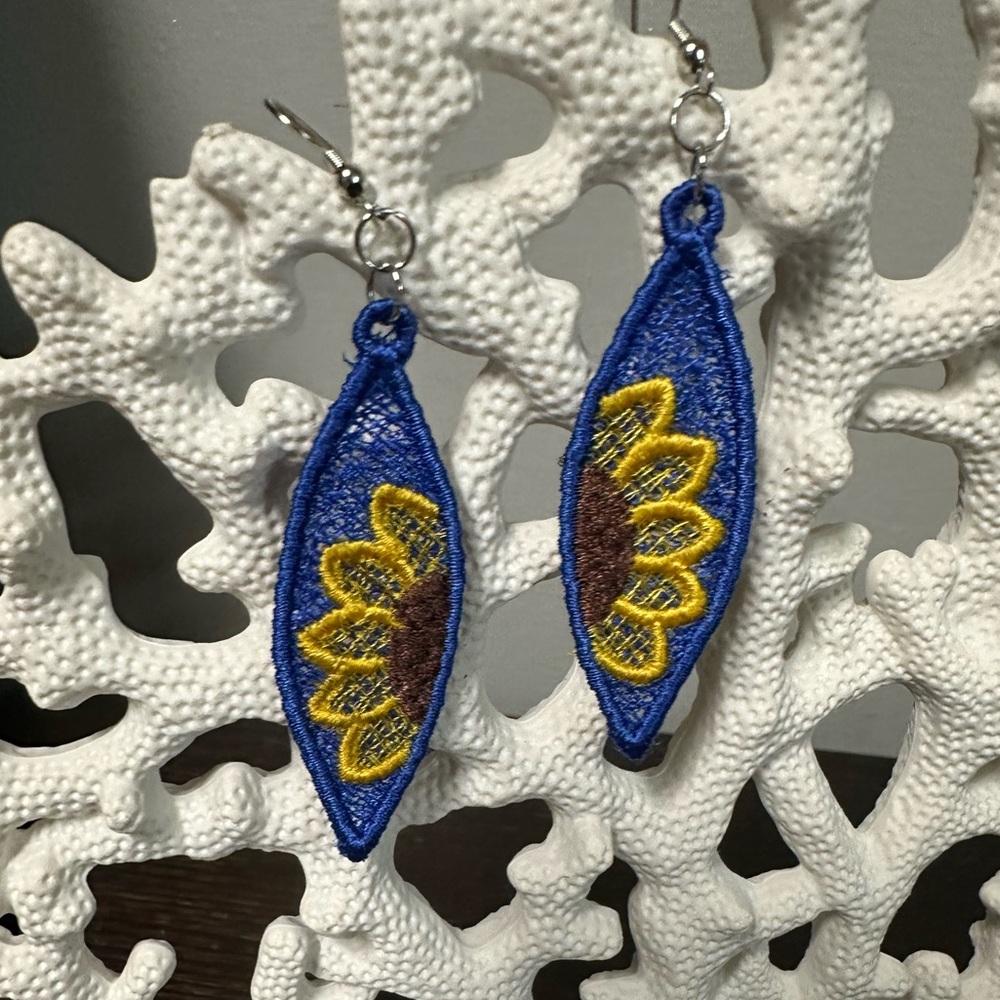 Blue background and Yellow Sunflower Embroidered Free Standing Lace Earrings